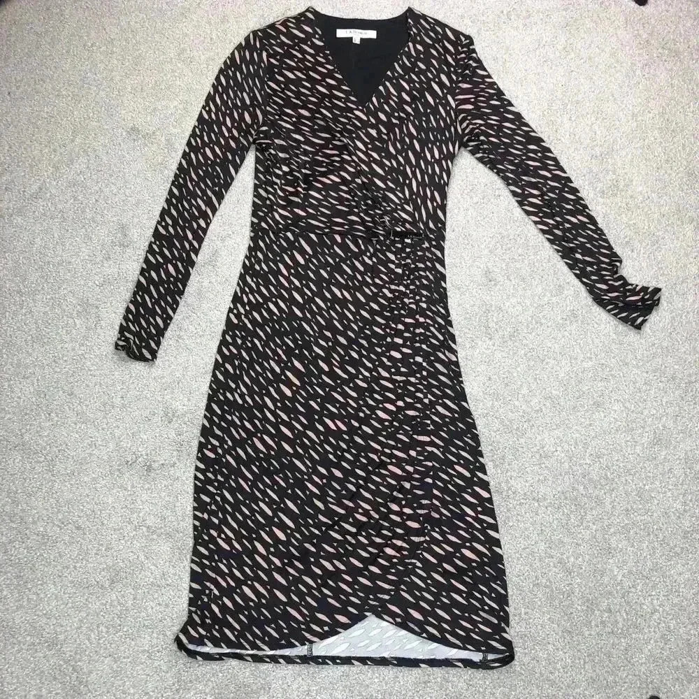 L. K. Bennett Dress Dr Emerald Wrap Gathered Long Sleeves V Neckline Sz 2